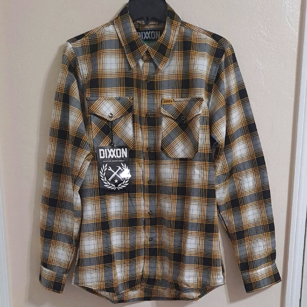 DIXXON Flannel Co Long Sleeve Black and Gold Plaid Shirt Small "Highway 13" NWT